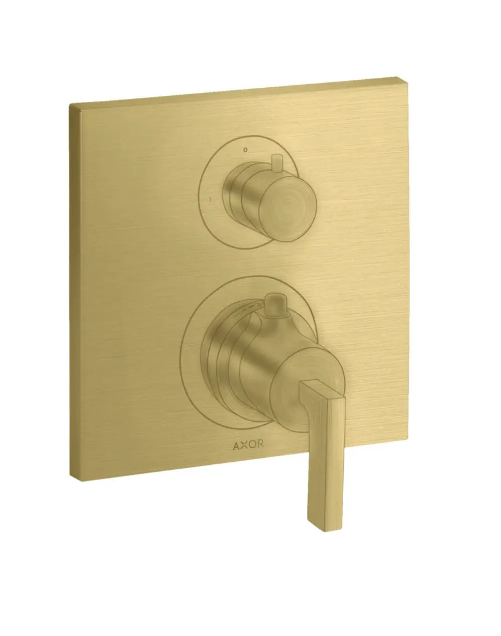 Thermostatunterputz mit zwei Bedienelementen und Hebelgriff in gebürsteter Messing-Optik, Marke AXOR, montiert auf rechteckiger Wandplatte.